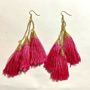Vibrant Fuchsia Tassel Earrings with Gold Accents